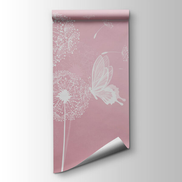 A pink background with white dandelions and butterflies