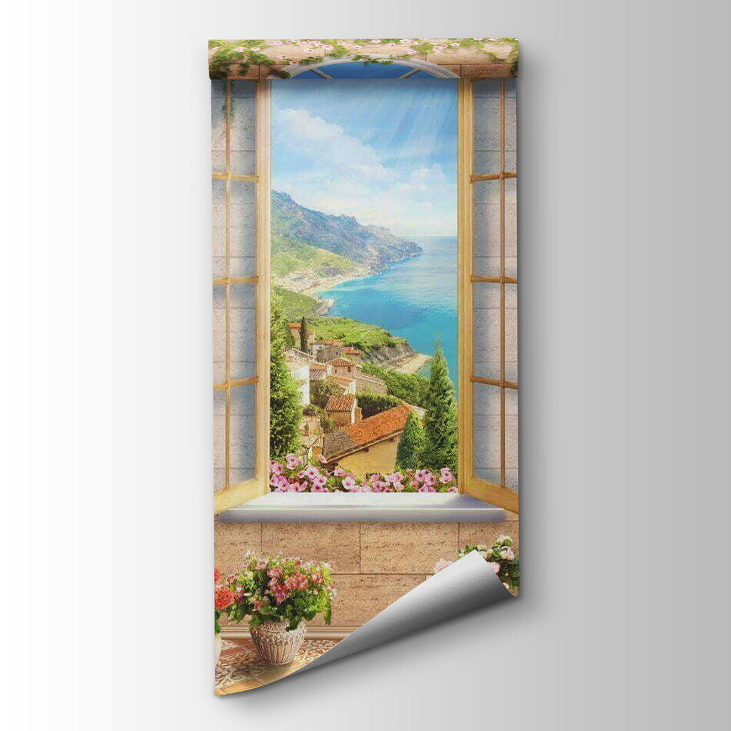 Window with a view of a town and a body of water