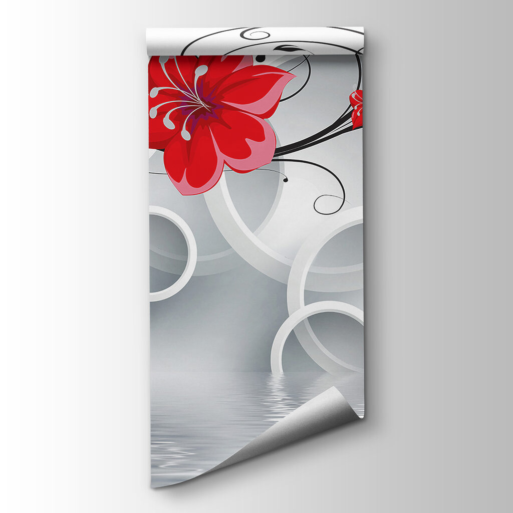 Wallpaper with red flowers and white circles Wallpaper with red flowers and white circles