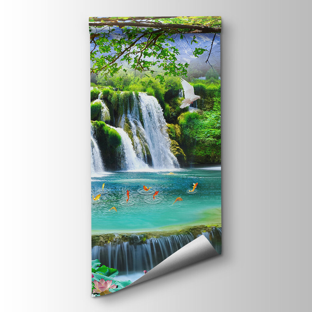 Waterfall with birds and a bridge