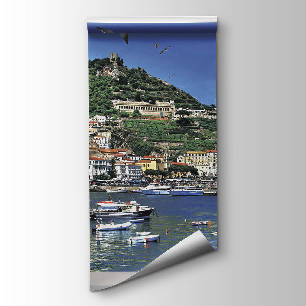 Window with a view of a city and boats Window with a view of a city and boats