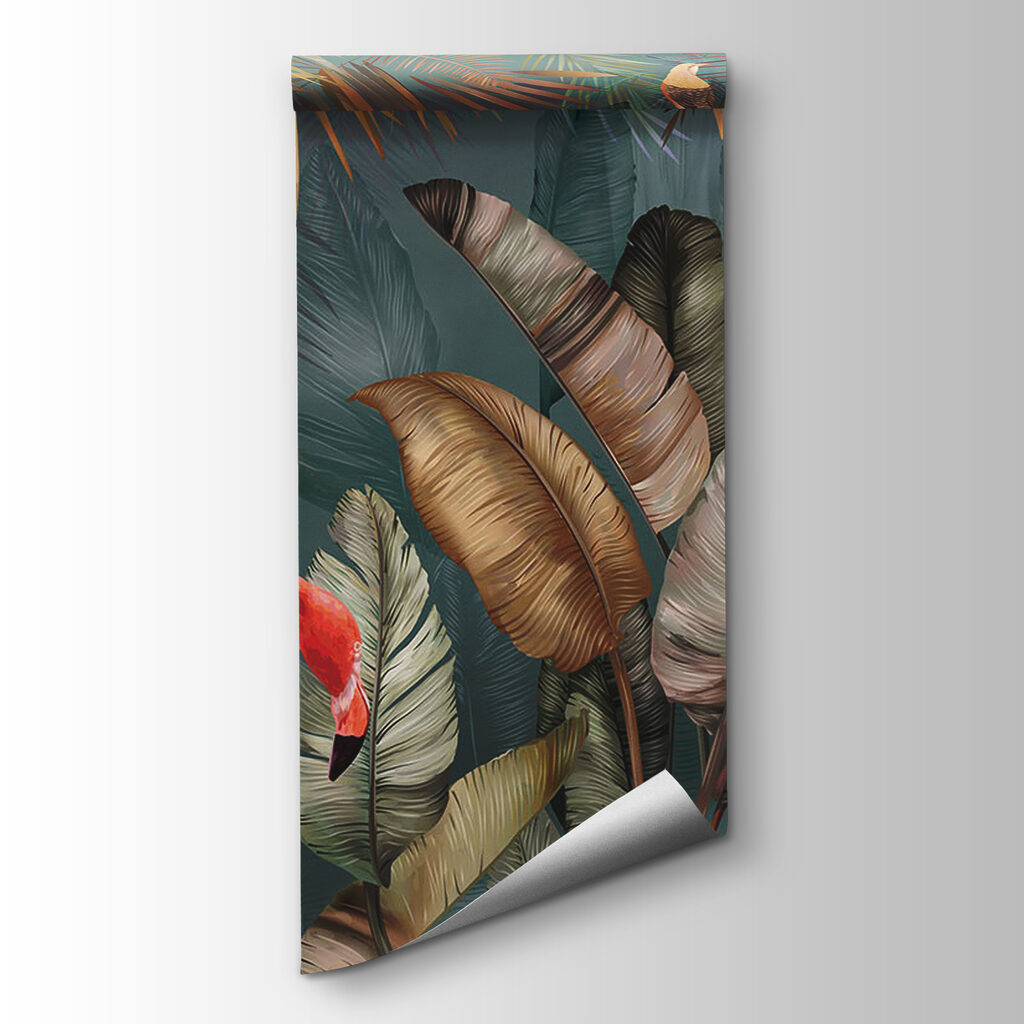 Pink flamingos and a bird in a forest