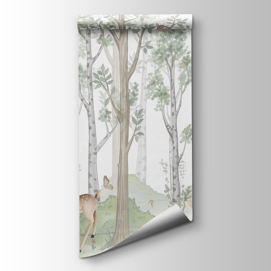 Wallpaper with a forest of trees and animals Wallpaper with a forest of trees and animals