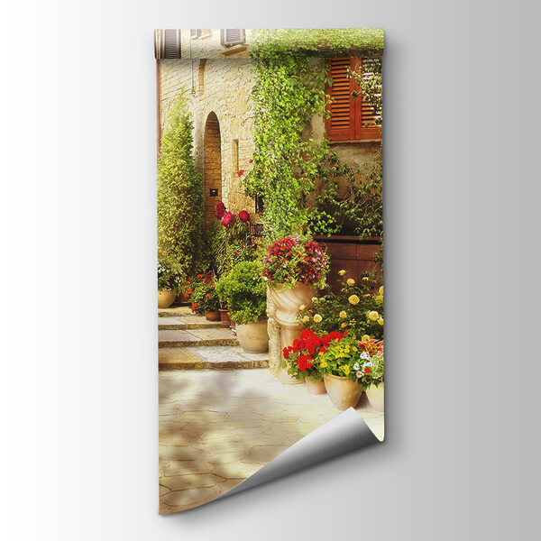 Stone building with a door and a doorway with plants in pots Stone building with a door and a doorway with plants in pots