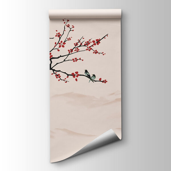 Tree branch with red flowers and a man on a boat Tree branch with red flowers and a man on a boat