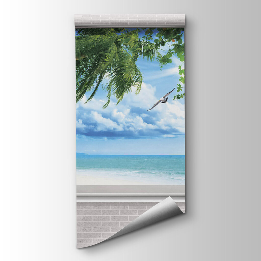 Window with a view of the beach and birds Window with a view of the beach and birds