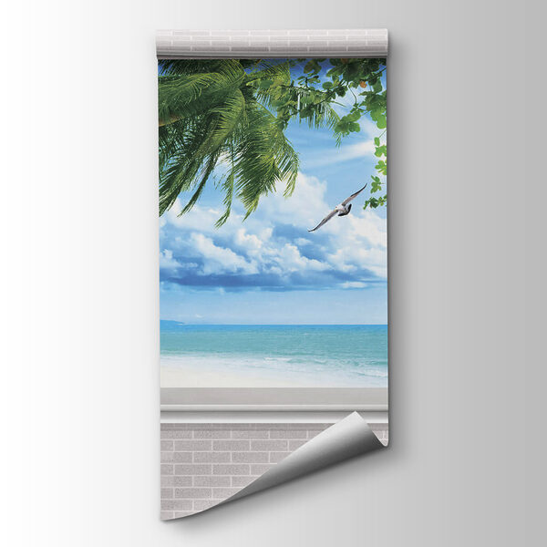 Window with a view of the beach and birds Window with a view of the beach and birds