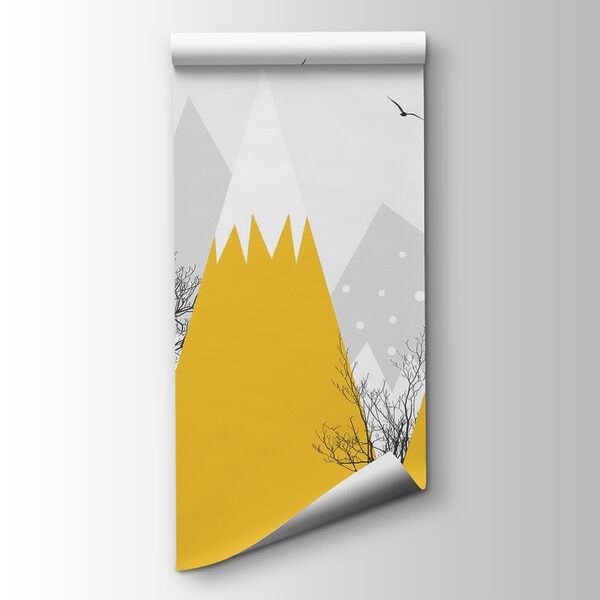 Yellow mountains with trees and birds
