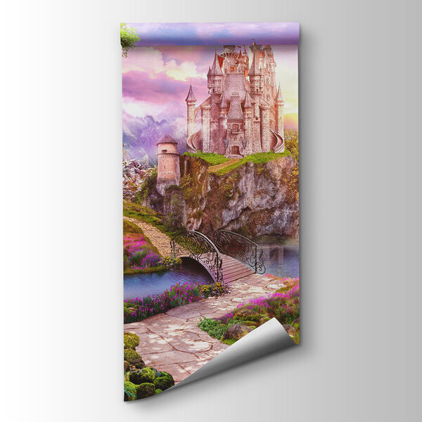 Castle on a cliff with a waterfall and a bridge Castle on a cliff with a waterfall and a bridge