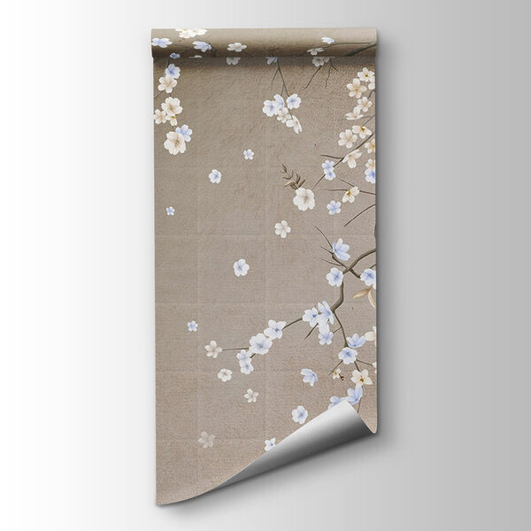 Tree branch with white and blue flowers