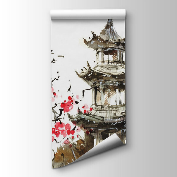 Painting of a pagoda and cherry blossoms