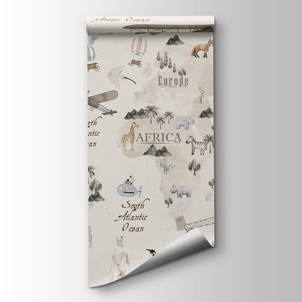 Map of the world with animals and birds