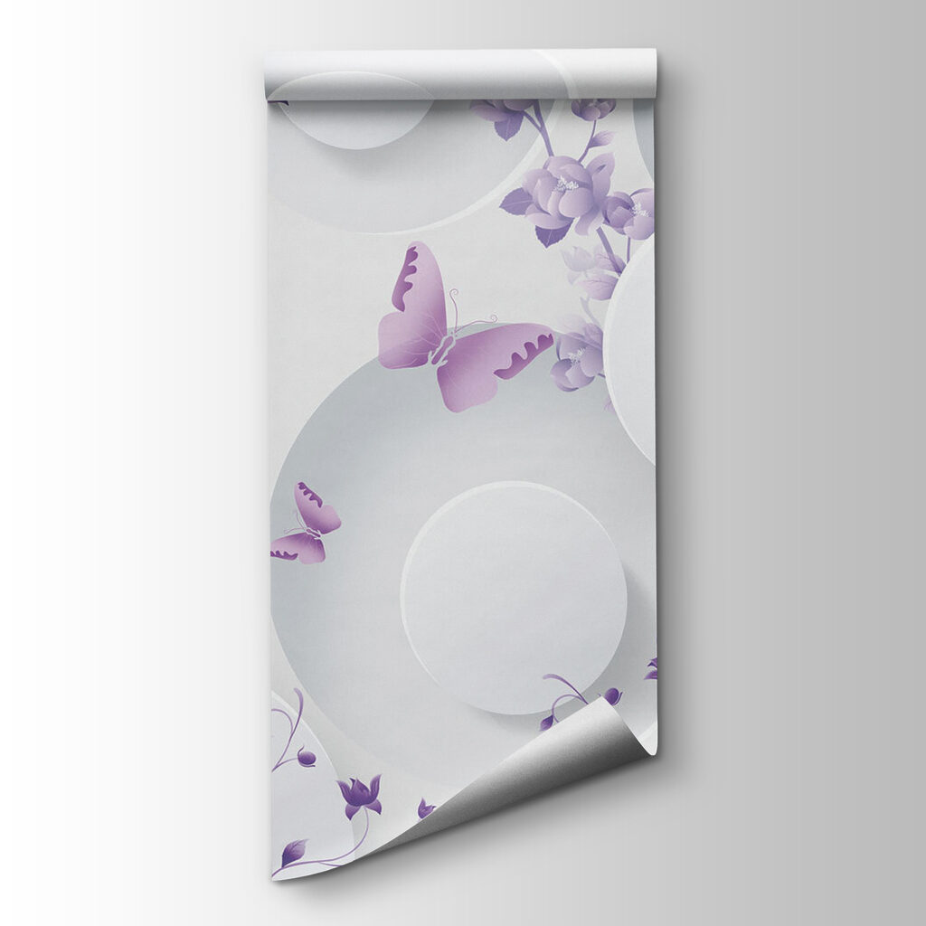 Purple flowers and white circles with purple butterflies