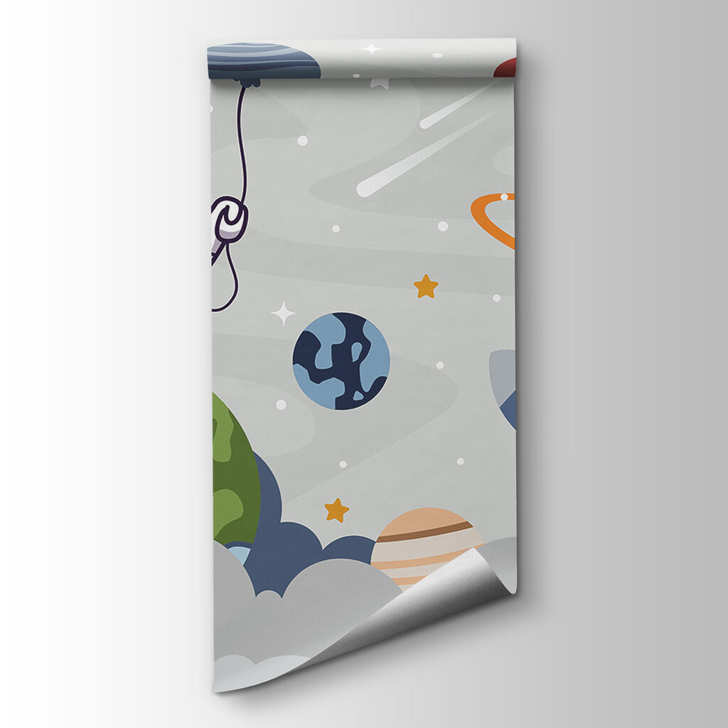 Cartoon astronaut in space with planets and rocket flying in the sky