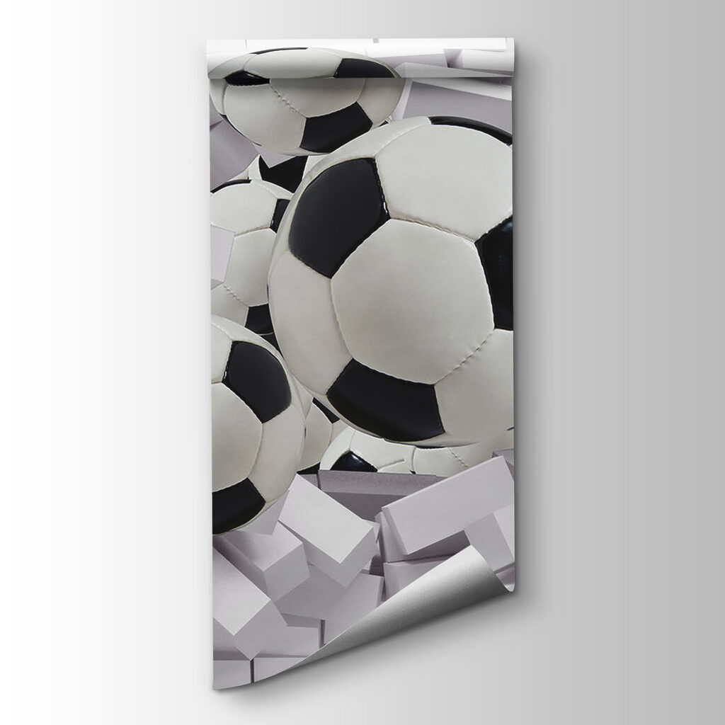 Group of football balls flying over a wall