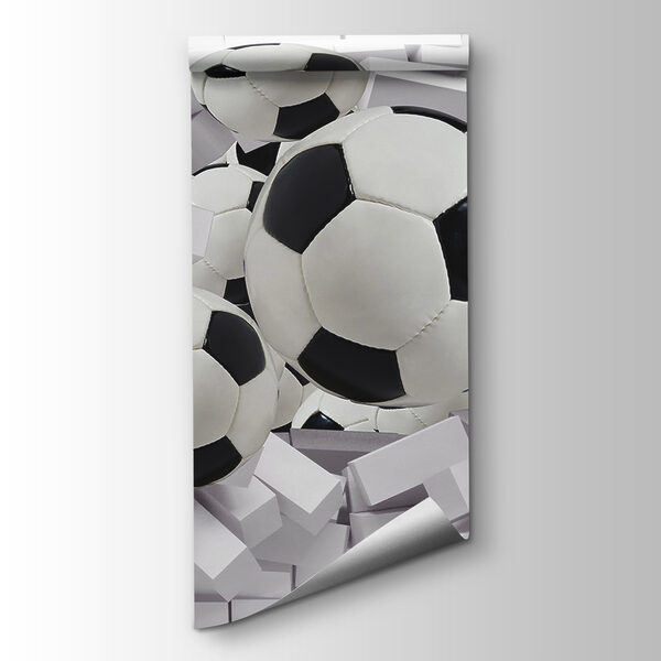 Group of football balls flying over a wall