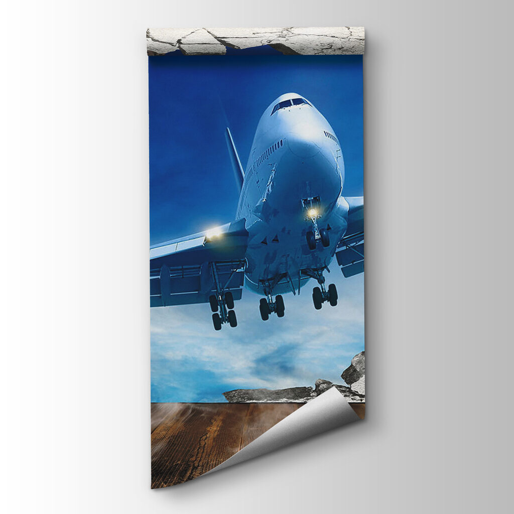 Plane coming through a hole in the wall