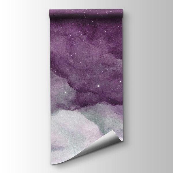A purple sky with clouds and stars