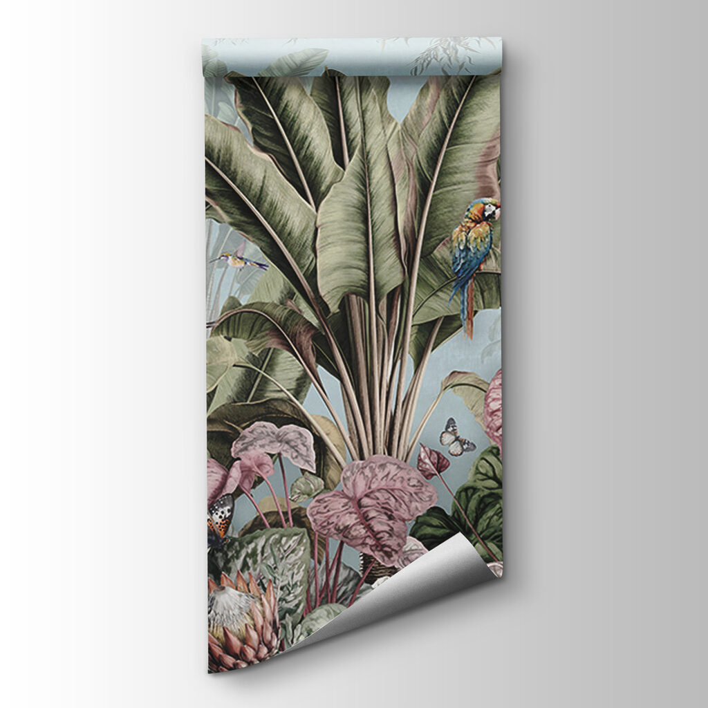 Wallpaper with tropical plants and birds