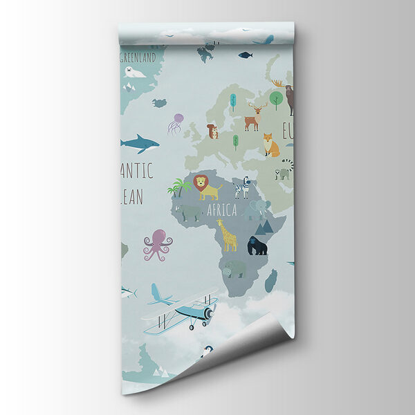 Map of the world with animals and birds Map of the world with animals and birds