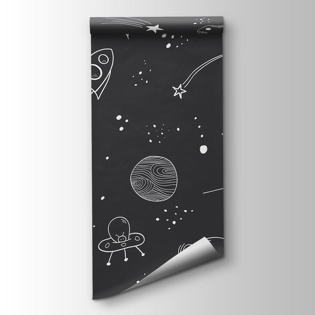A black and white space background