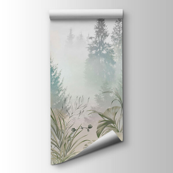 A foggy forest with plants and trees