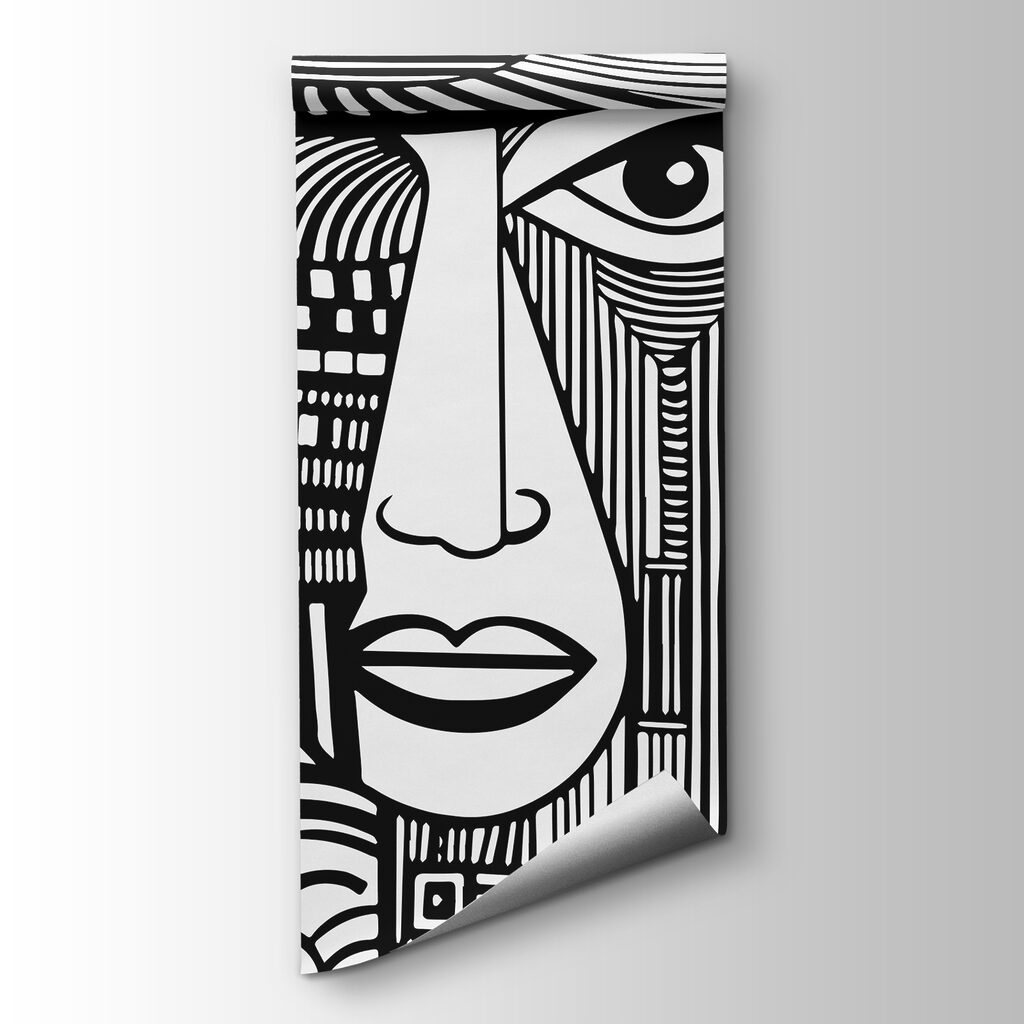 A black and white drawing of a face