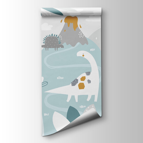 A cartoon dinosaur with a volcano and plants A cartoon dinosaur with a volcano and plants