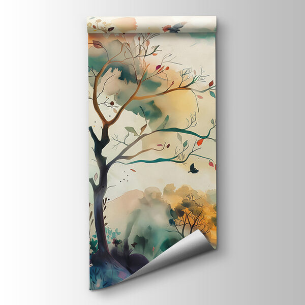 A painting of birds flying in the sky