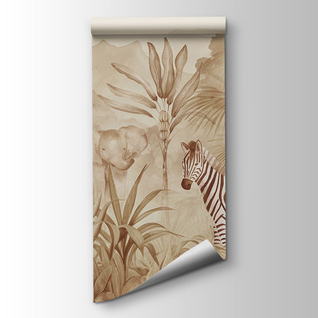 A wallpaper with zebras and elephants in a jungle