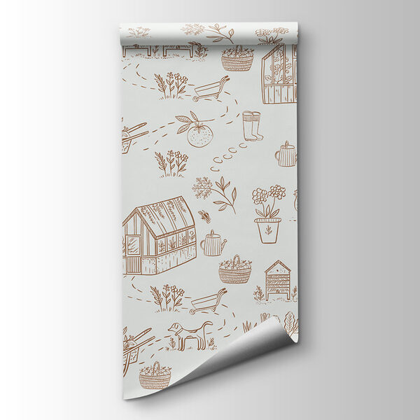 A pattern of gardening tools and plants