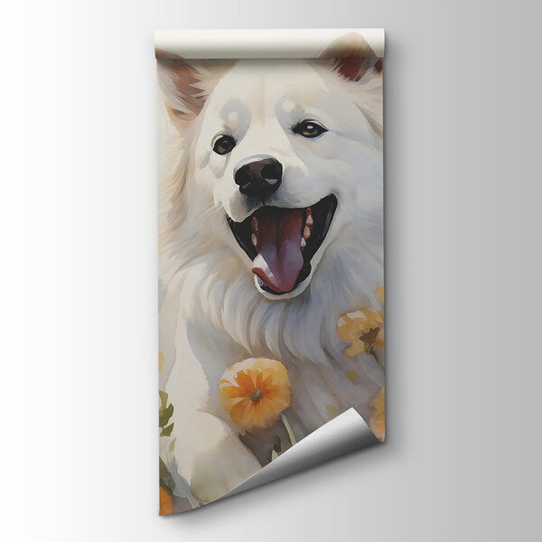 White dog with butterflies around it