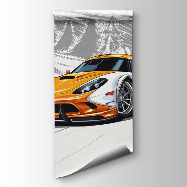 Yellow and white sports car on a snowy road