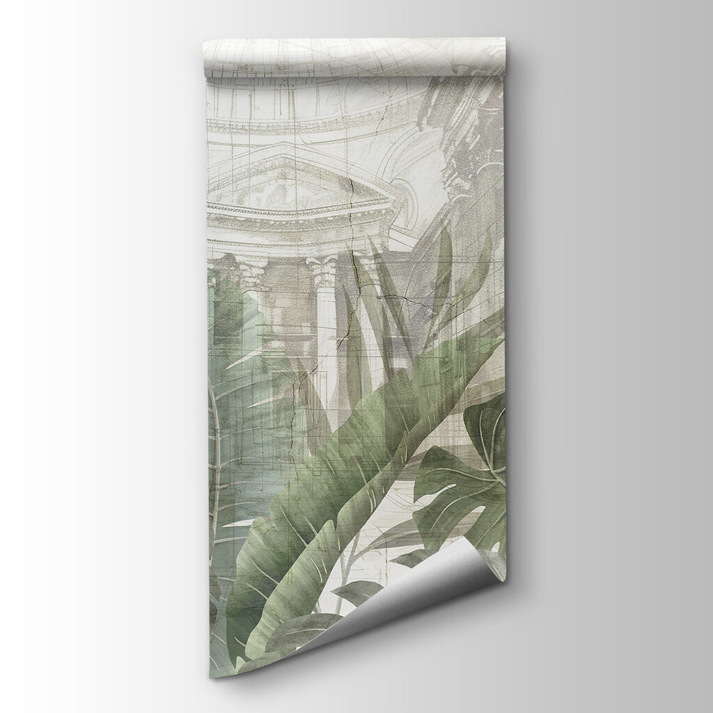 A painting of a building with a large leaf