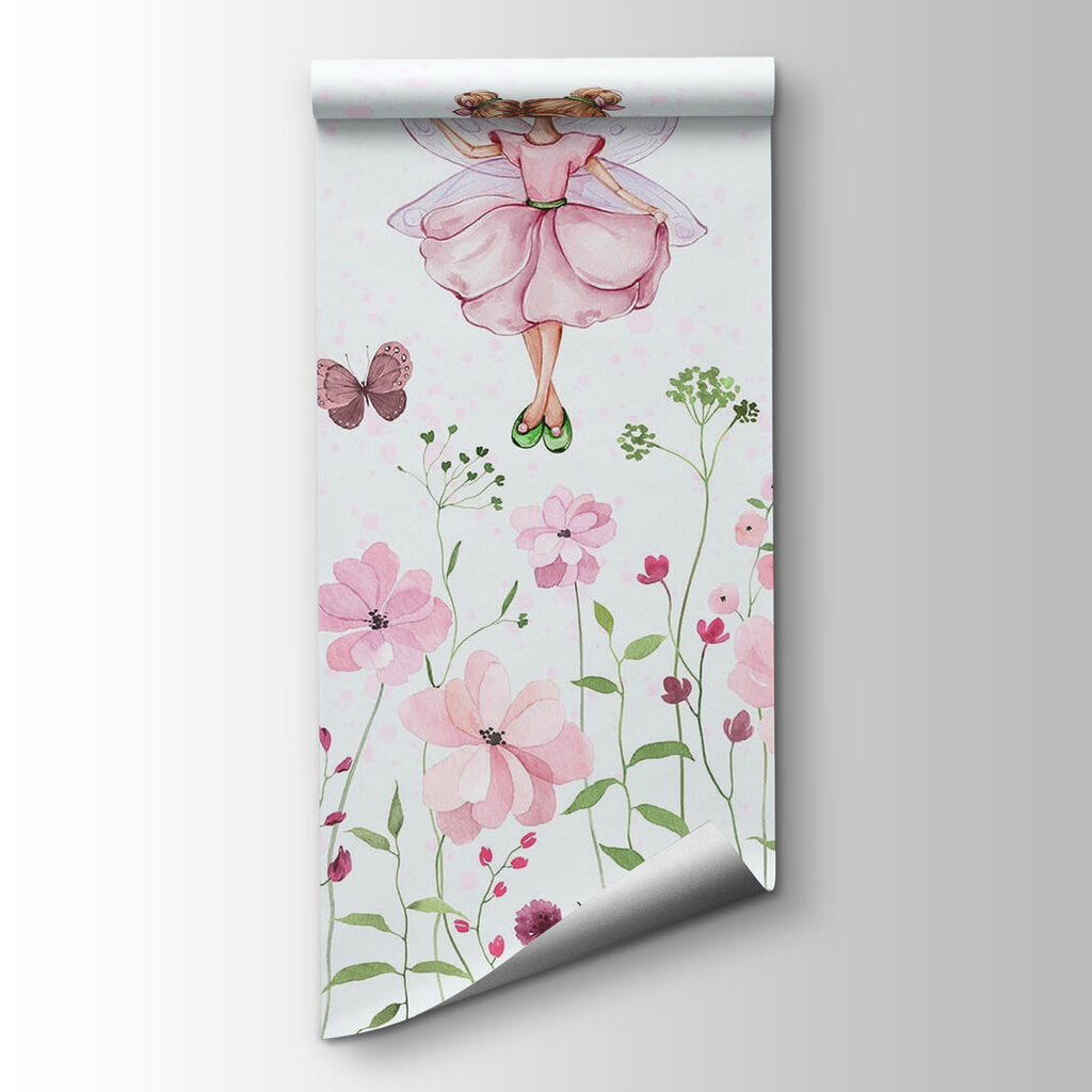 Watercolor of a fairy in a pink dress surrounded by flowers