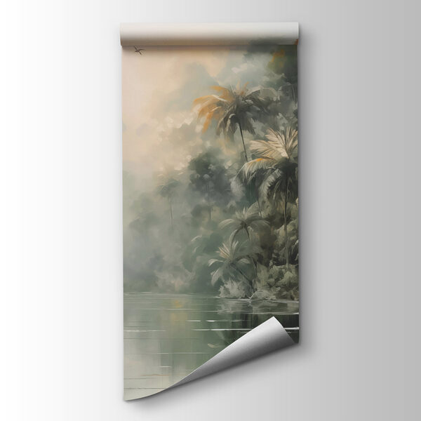 Water with palm trees and birds flying