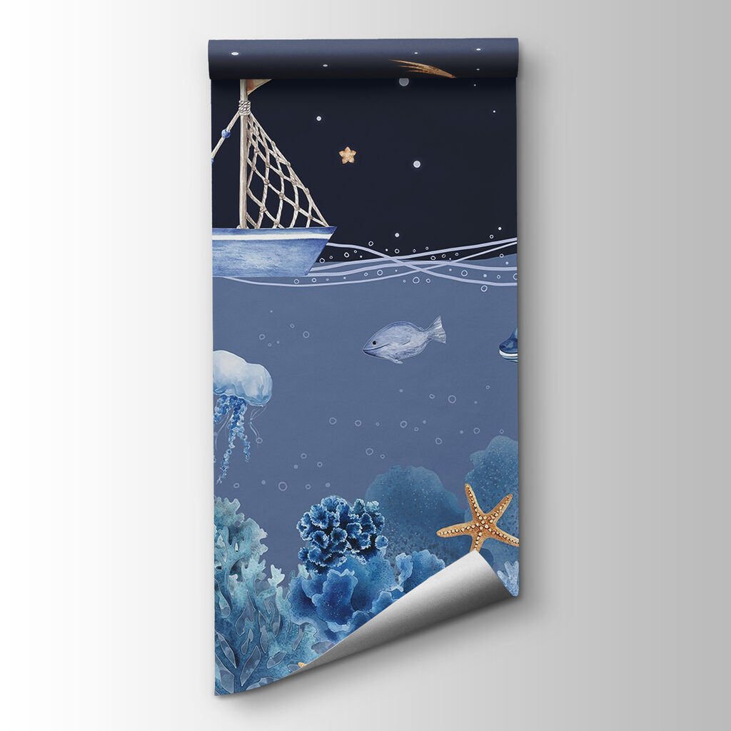 Sea life with a boat and a whale