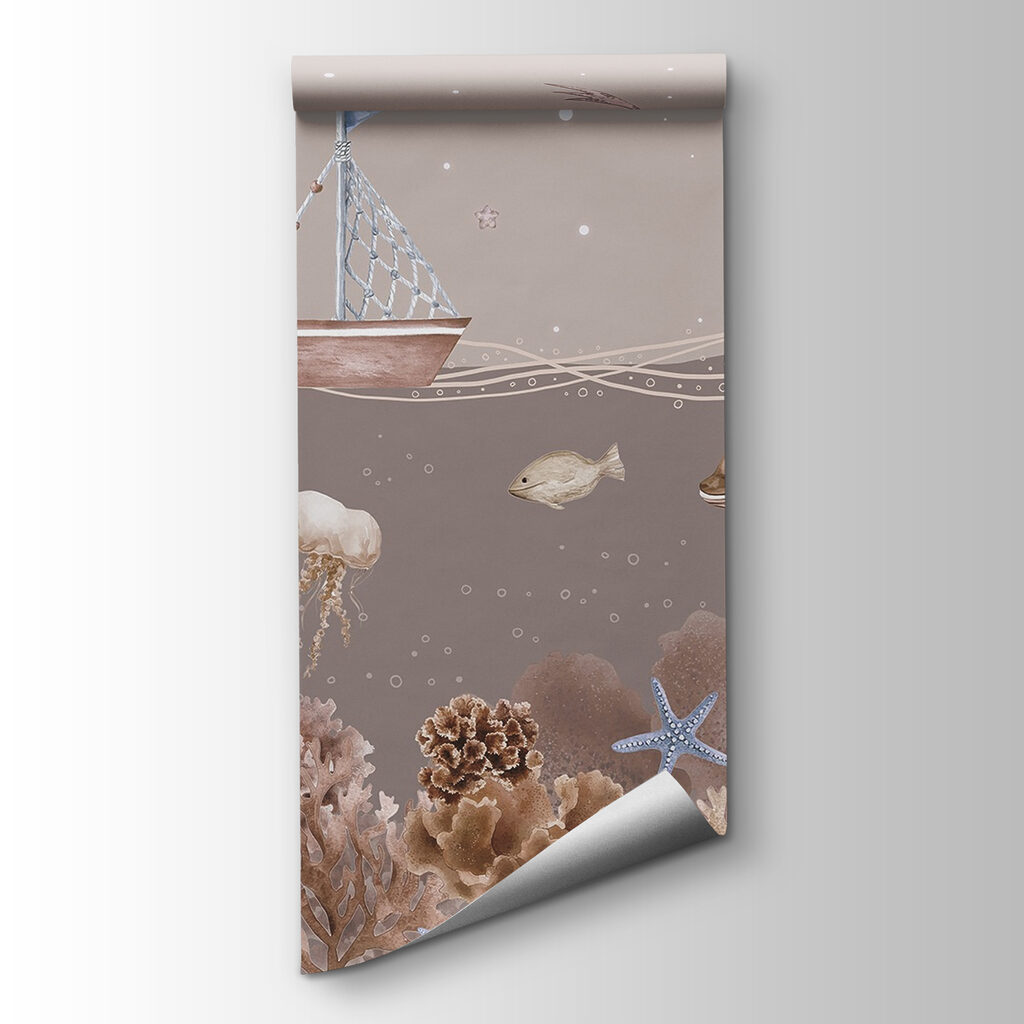 Sea life with a boat and fish