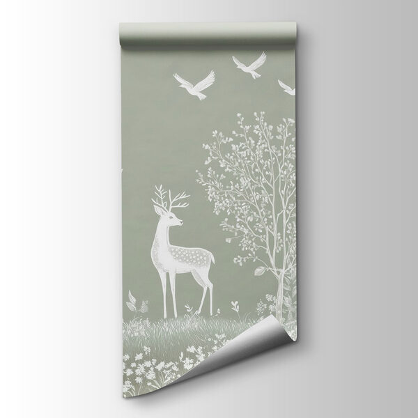 White deer and birds in a forest