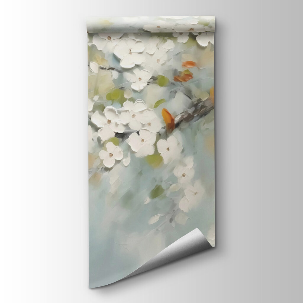 Painting of a tree branch with white flowers