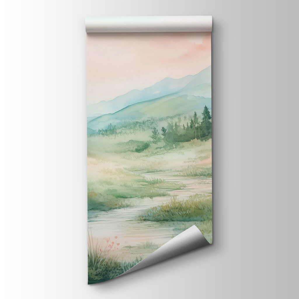 Watercolor painting of a river running through a valley