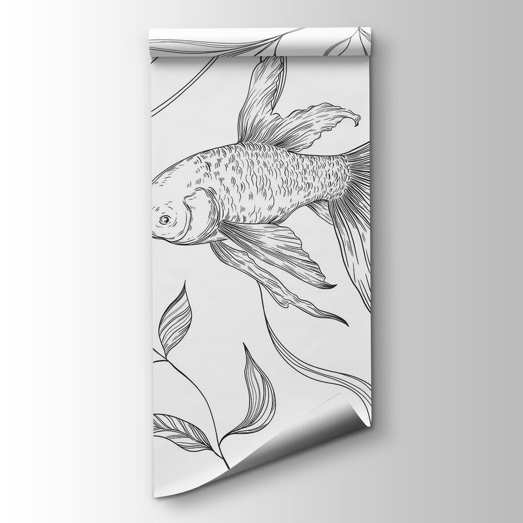 Black and white drawing of a fish and plants