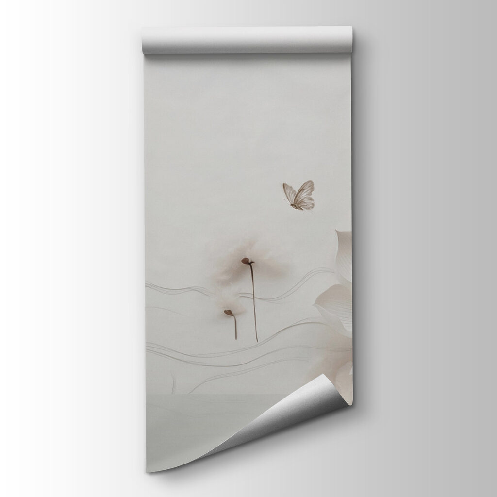White paper flowers and butterflies on a white surface White paper flowers and butterflies on a white surface