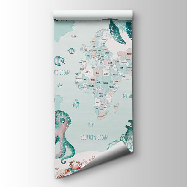 Map of the world with sea animals