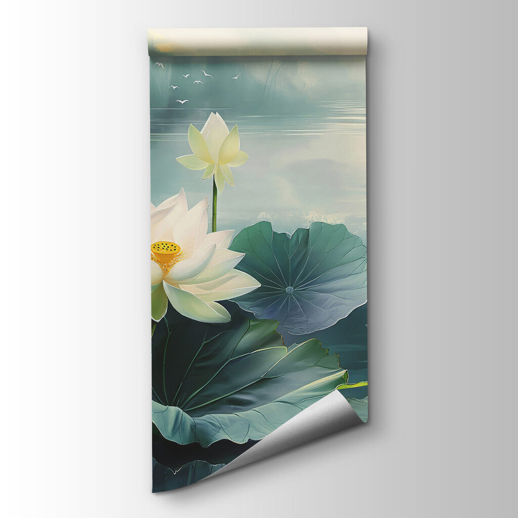 Painting of white flowers and leaves on water