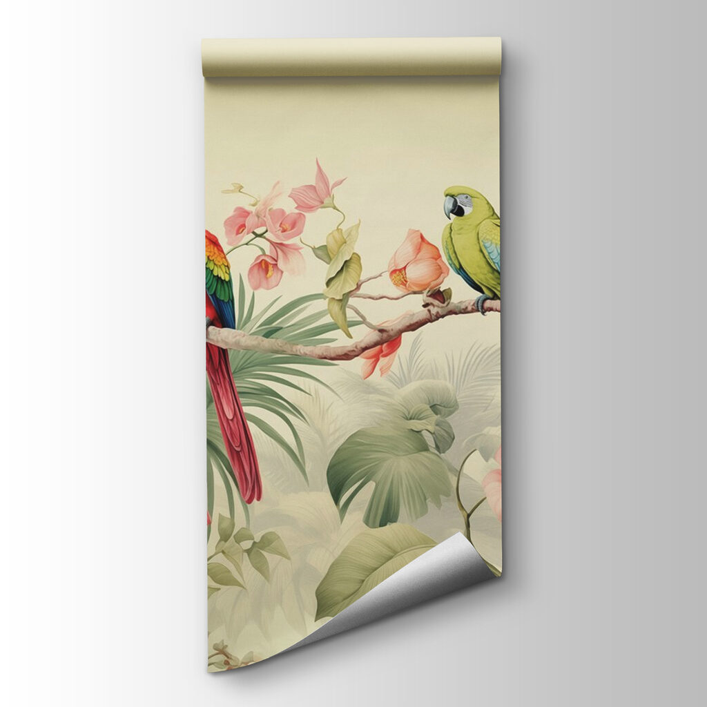 Couple of parrots on a branch with flowers