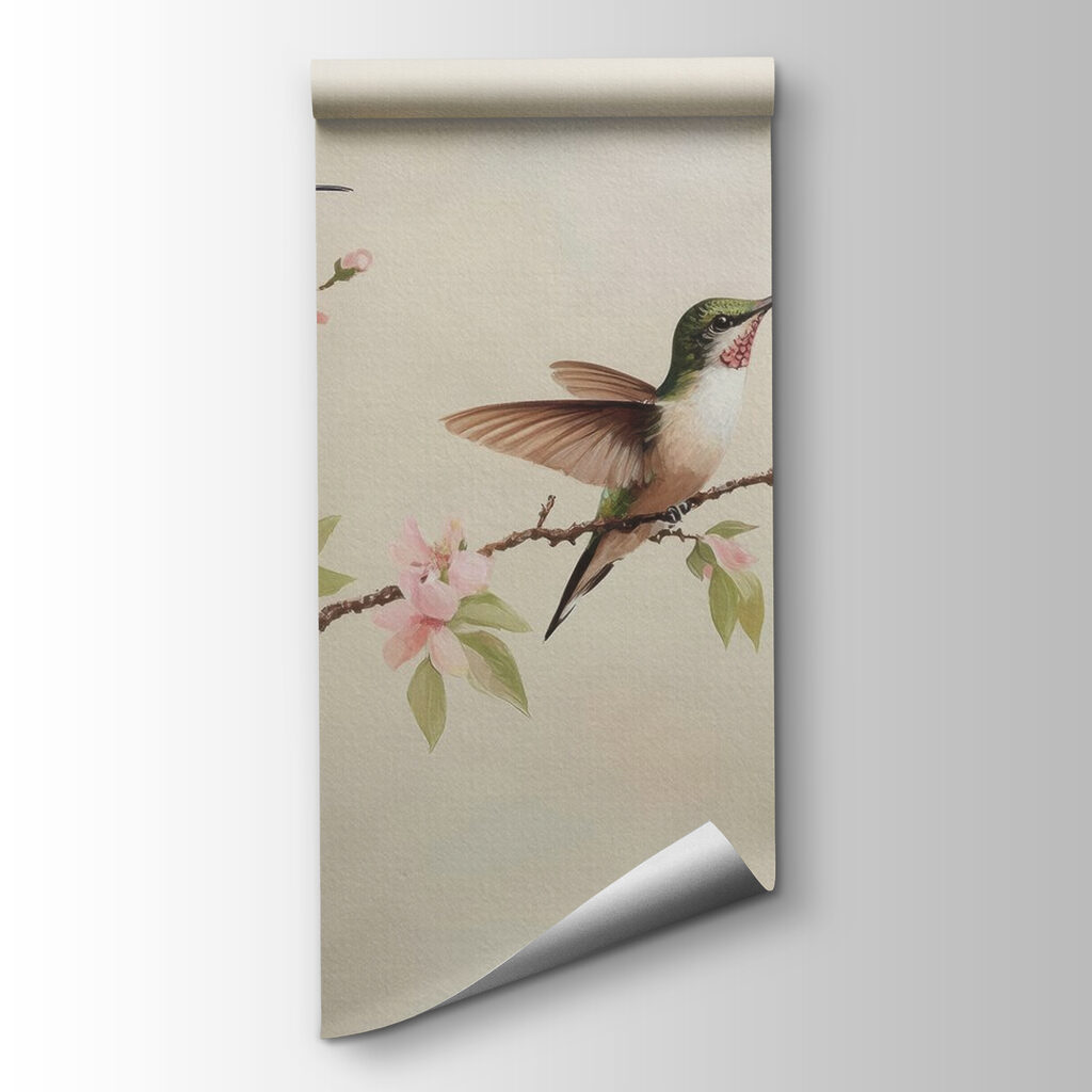 Painting of hummingbirds on a branch with flowers