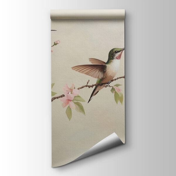 Painting of hummingbirds on a branch with flowers