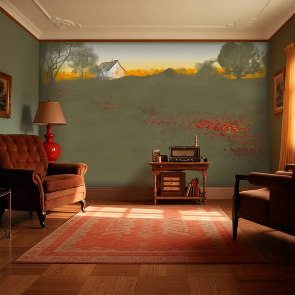 Carta da parati Carta da parati Campo di fiori rossi con una casa sullo sfondo (COD: t00525)