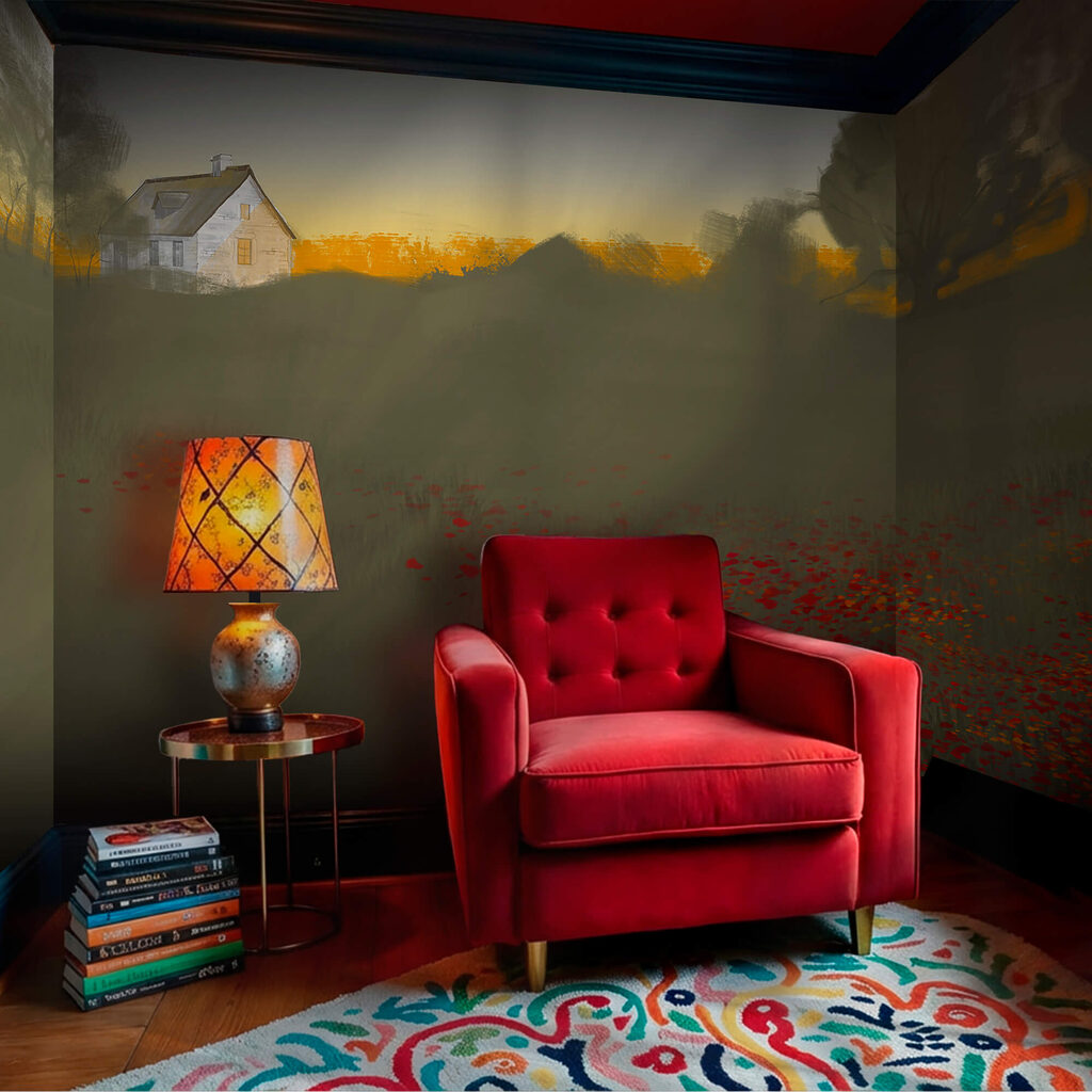 Campo di fiori rossi con una casa sullo sfondo